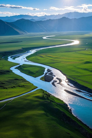 Aerial view of the natural scenery of grassland riversの素材