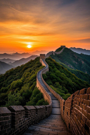 The winding landscape of the Great Wall of China at sunsetの素材