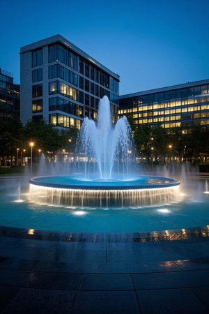 Fountain view in front of modern buildings at nightの素材