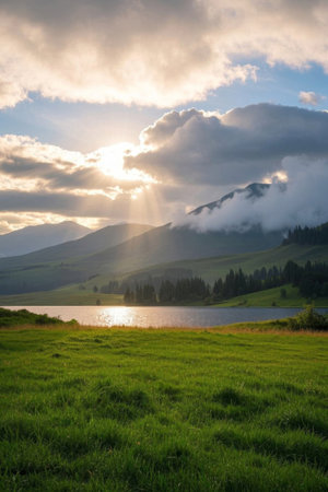 Mountain lake meadow sunny sceneryの素材