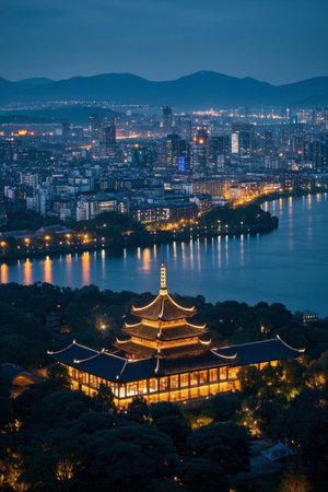 Night view of ancient buildings on the shores of West Lake in Hangzhouの素材