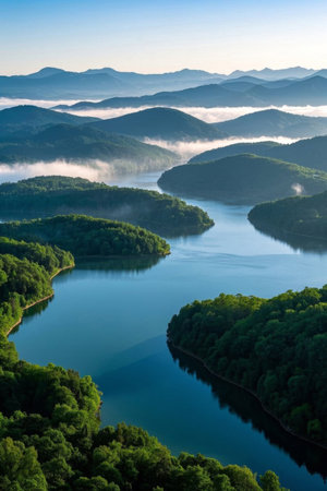 Mist filled natural scenery among mountains and riversの素材