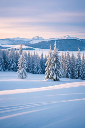 Snow covered forest and distant mountain sceneryの素材
