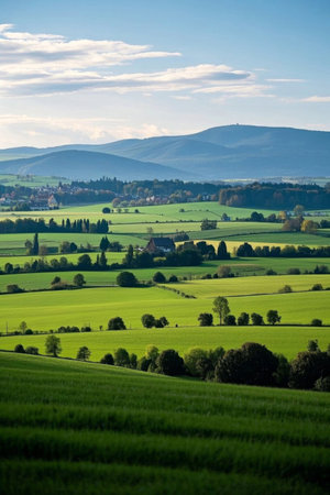 Green fields and distant mountain sceneryの素材