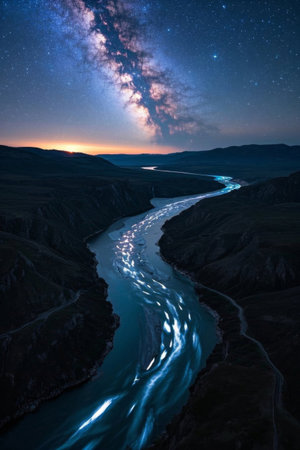 Winding river and mountain scenery under the night skyの素材