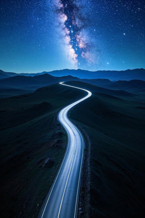 Winding roads and mountain landscapes under the night skyの素材