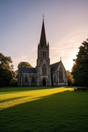 Church and green landscape at sunsetの素材