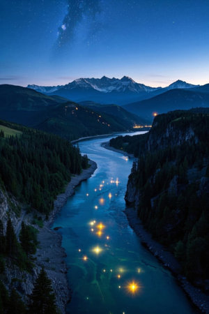 Mountain river night view starry skyの素材