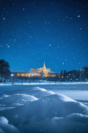 European style architecture and snowy scenery on a snowy nightの素材