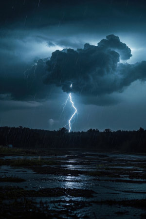 Lightning breaks through the dark clouded night skyの素材