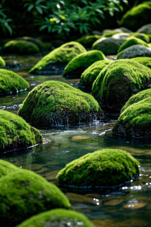 Mossy stone landscape in the streamの素材