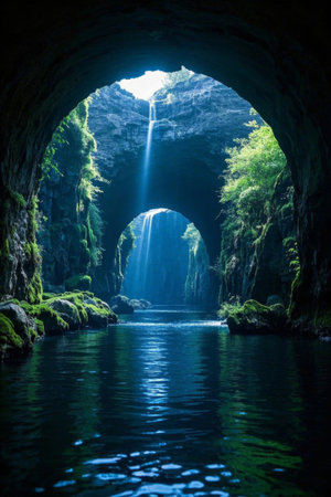 Natural landscape of waterfalls and water in the caveの素材