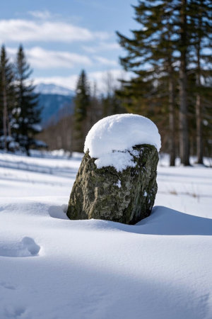 Snow covered rock outdoor forest sceneryの素材