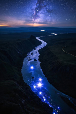 Natural scenery of winding rivers under the starsの素材