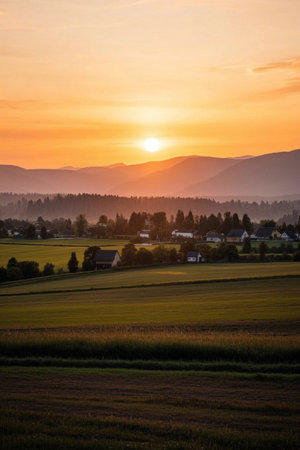 Rural fields sunset natural sceneryの素材