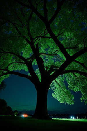 Large tree landscape glowing at nightの素材