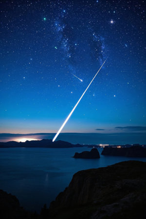 Meteor streaks across the sea landscape under the night skyの素材