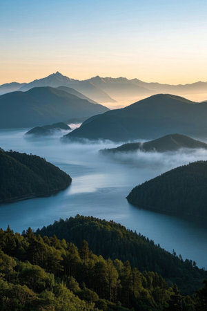 Morning mist shrouded natural scenery among the mountains and riversの素材
