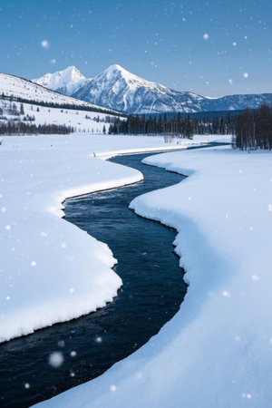 Snow capped scenery of winding rivers under snow capped mountainsの素材