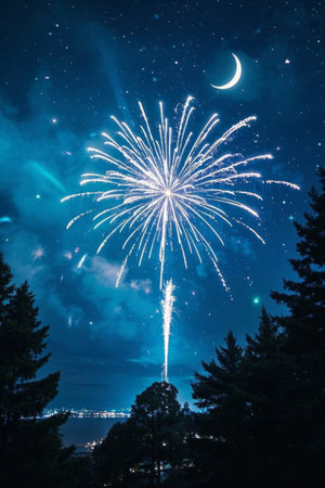 Fireworks and crescent moon under the night skyの素材