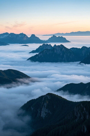 Panoramic view of mountains, sea of clouds and sunriseの素材