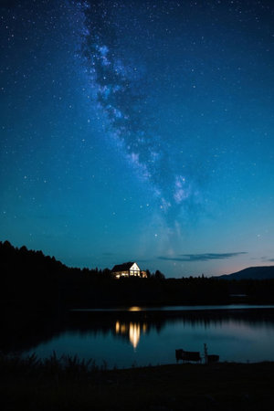 Night view of the cabin under the stars by the lakeの素材