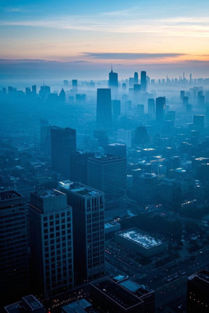 Sunrise view of the city's high rise buildingsの素材