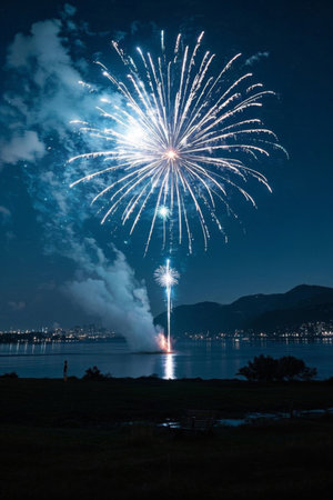 Brilliant fireworks blooming in the night sky by the lakeの素材