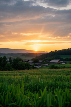 Rural fields sunset natural landscapeの素材