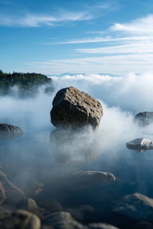 Water boulders and morning mist landscapeの素材