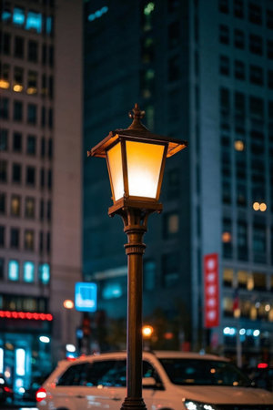 Vintage streetlights on city streets at nightの素材