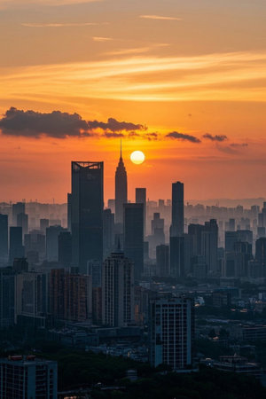 City high rise view at sunsetの素材