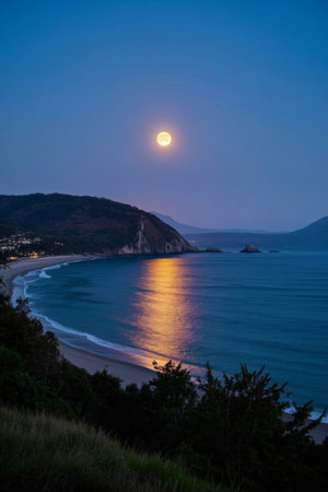 Beach and mountain views on a moonlit nightの素材