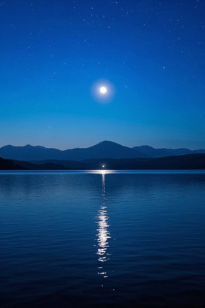 Calm lake and distant mountains under moonlit nightの素材