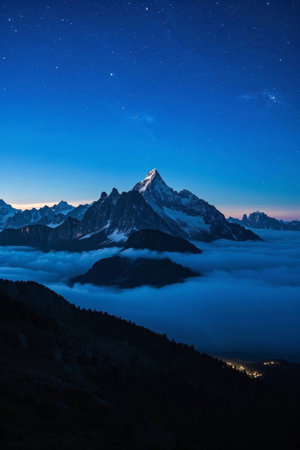 Snowy mountains and sea of clouds under the night skyの素材