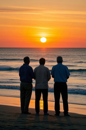 Three elderly people watch the sunset at the beachの素材