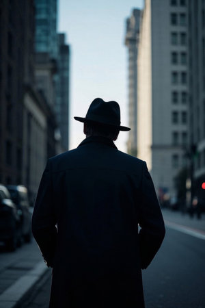 Back of a man wearing a hat on a city streetの素材