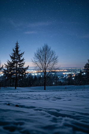 Looking out at the city lights from the snowy forest on a winter nightの素材