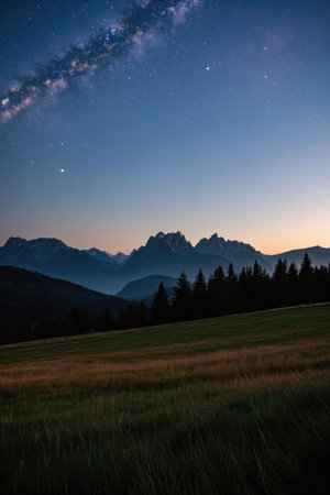 Night view of the starry sky on the mountain meadowの素材
