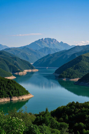 Natural lake landscape with mountains and riversの素材