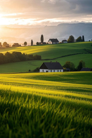 Pastoral countryside nature at sunsetの素材
