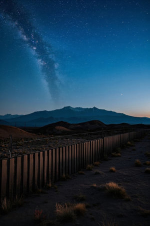 Mountains and fenced landscape under the starsの素材