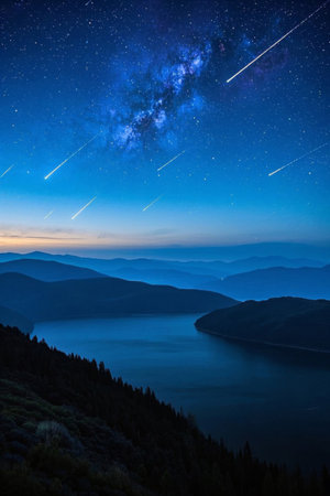 Starry sky scene of lakes and mountains under the night skyの素材