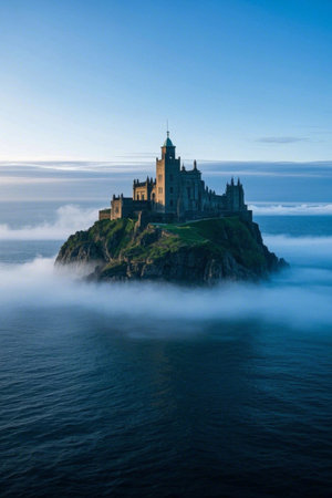 Castle and ocean view on an isolated islandの素材