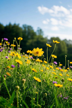 Wildflower meadow scenery under blue sky and white cloudsの素材