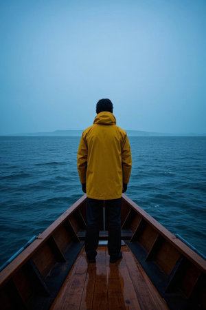Man standing on boat looking out to seaの素材