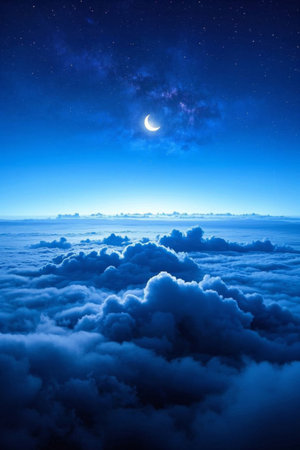 Crescent starry sky above the sea of cloudsの素材