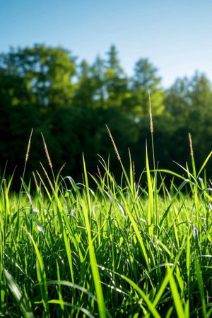 Green meadows and woods in the sunの素材