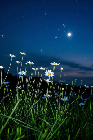 Daisies and flowers on a moonlit nightの素材