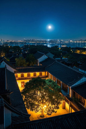 View of the courtyard of ancient Chinese buildings on moonlit nightの素材